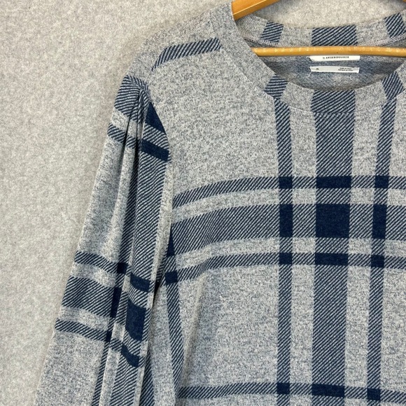 Anthropologie Gray Navy Blue Plaid Sweater Preppy Casual Crew Neck‎ Womens XL - Picture 5 of 13